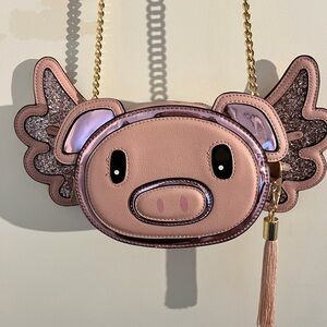 Aldo Pink Pig Face Crossbody Bag with Wings and Tassel
